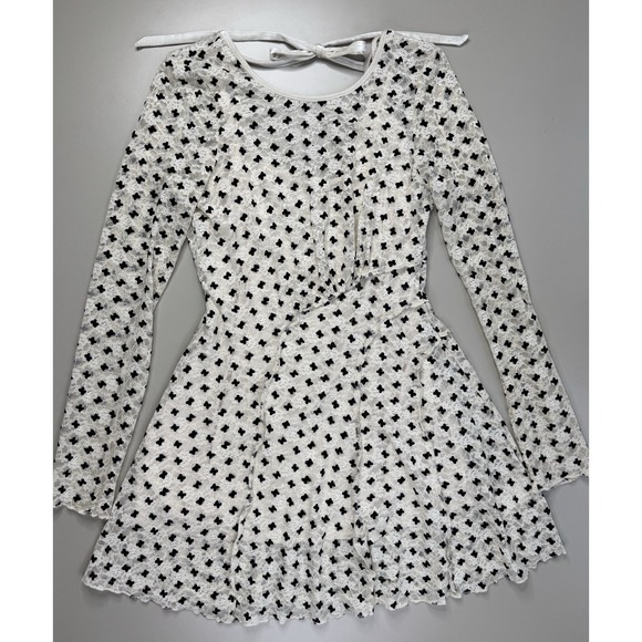 Free People Sheer Delight Lace Boho Minidress Womens Medium Off White Velvet Bow - Picture 5 of 16